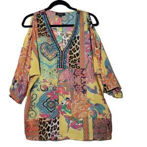 Melissa Paige Women's Beaded Sheer Multi-color Top‎ Cold Shoulder Size Large